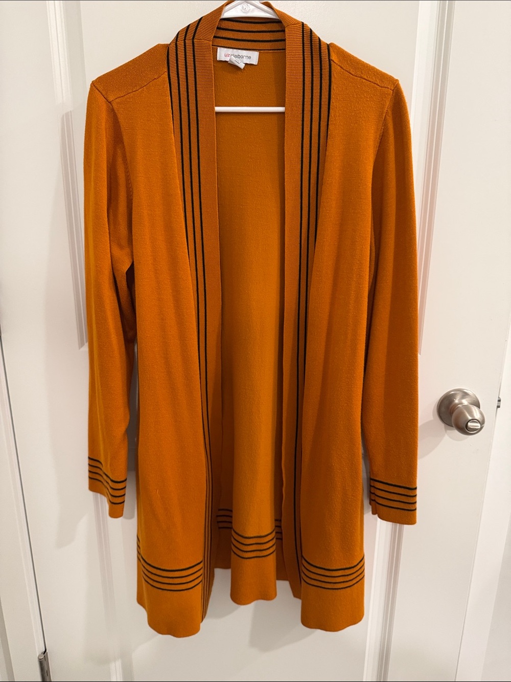 Worthington Orange Open-Front Long Cardigan with Black Stripe Trim